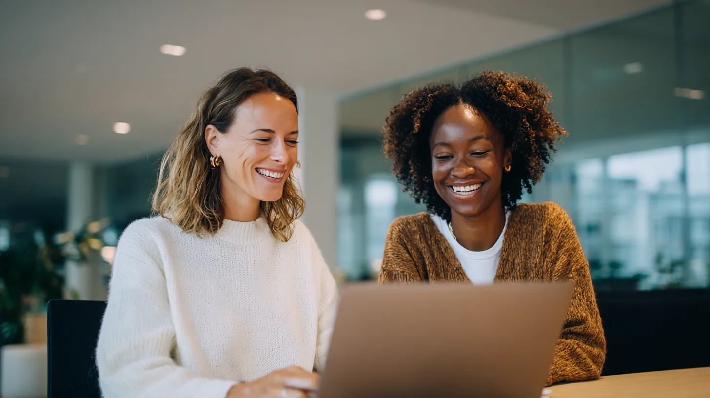 Two colleagues working together at a laptop (AI-generated people)