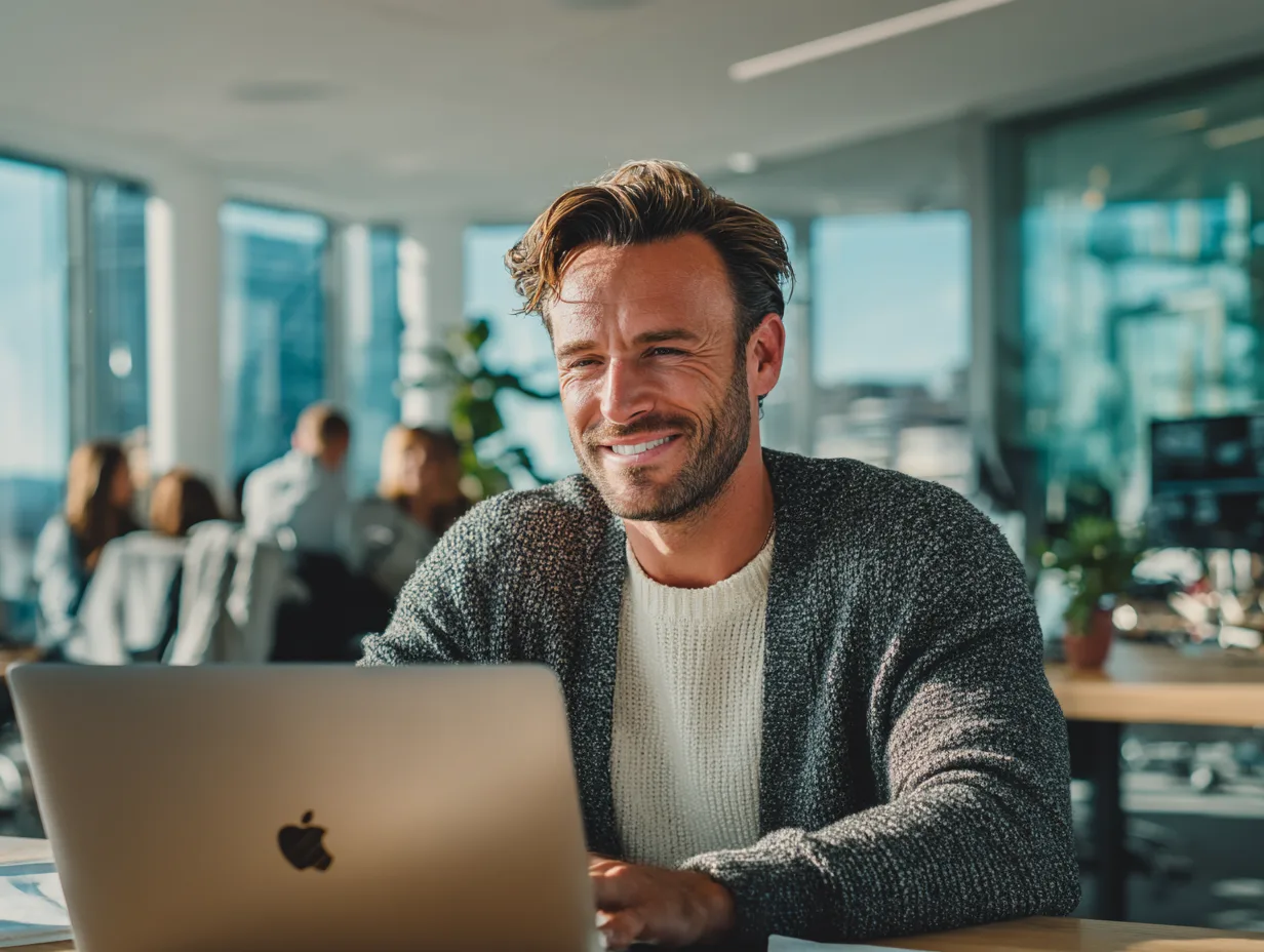 A business leader working with Claude on a laptop (AI-generated people)