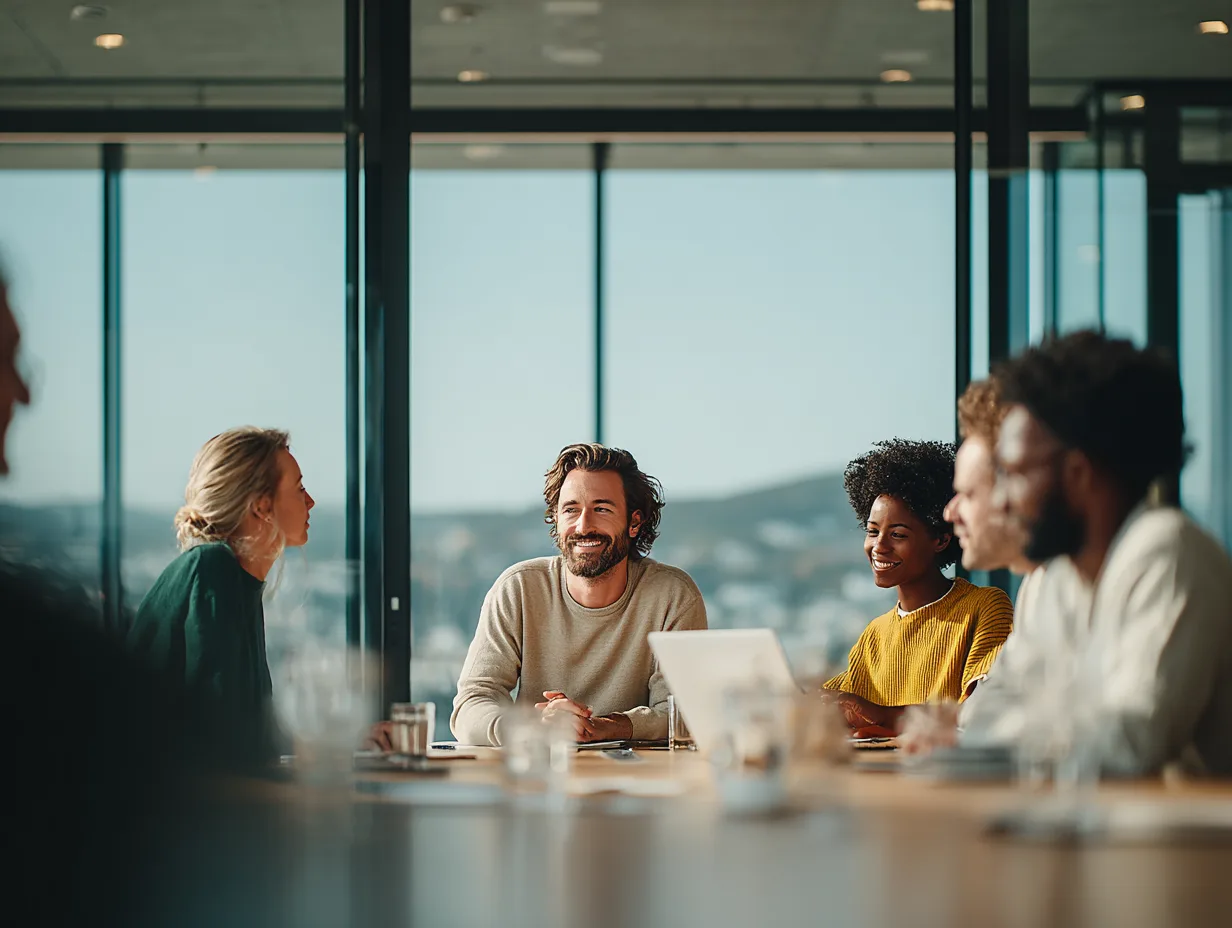 A trainer leading a working session with a team (AI-generated people)