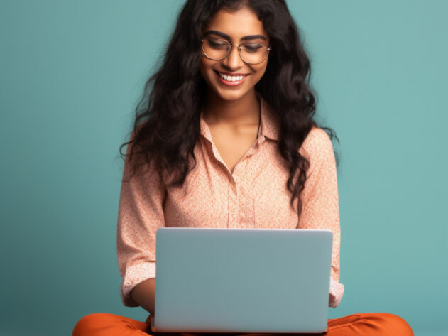 behole_smiling_indian_woman_working_on_a_laptop_solid_backgroun_7eff779d-c80b-408b-977c-7ac873a13310